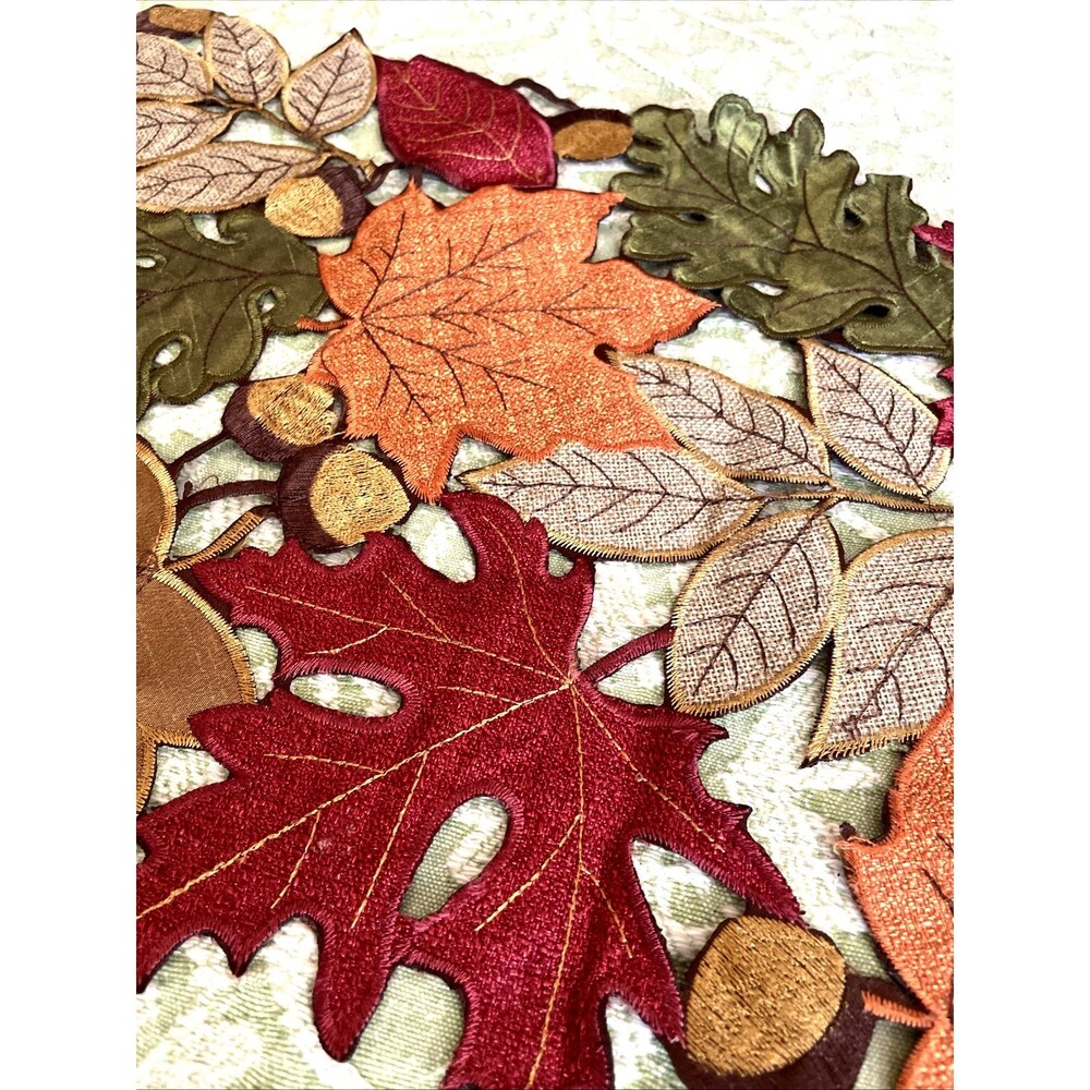 Fall Leaves Table Runner Acorns Maple Oak Embroidered 12x54” Thanksgiving Fall